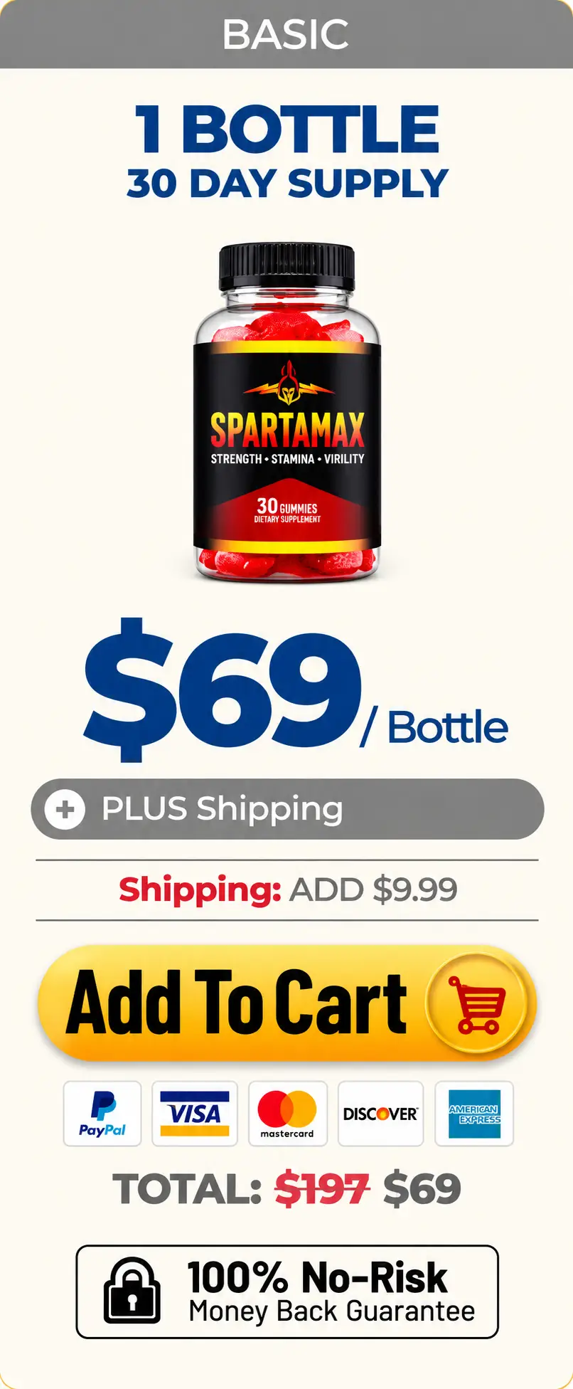 Spartamax Basic 1 bottle 30-day supply package at $69 with 100% money back guarante