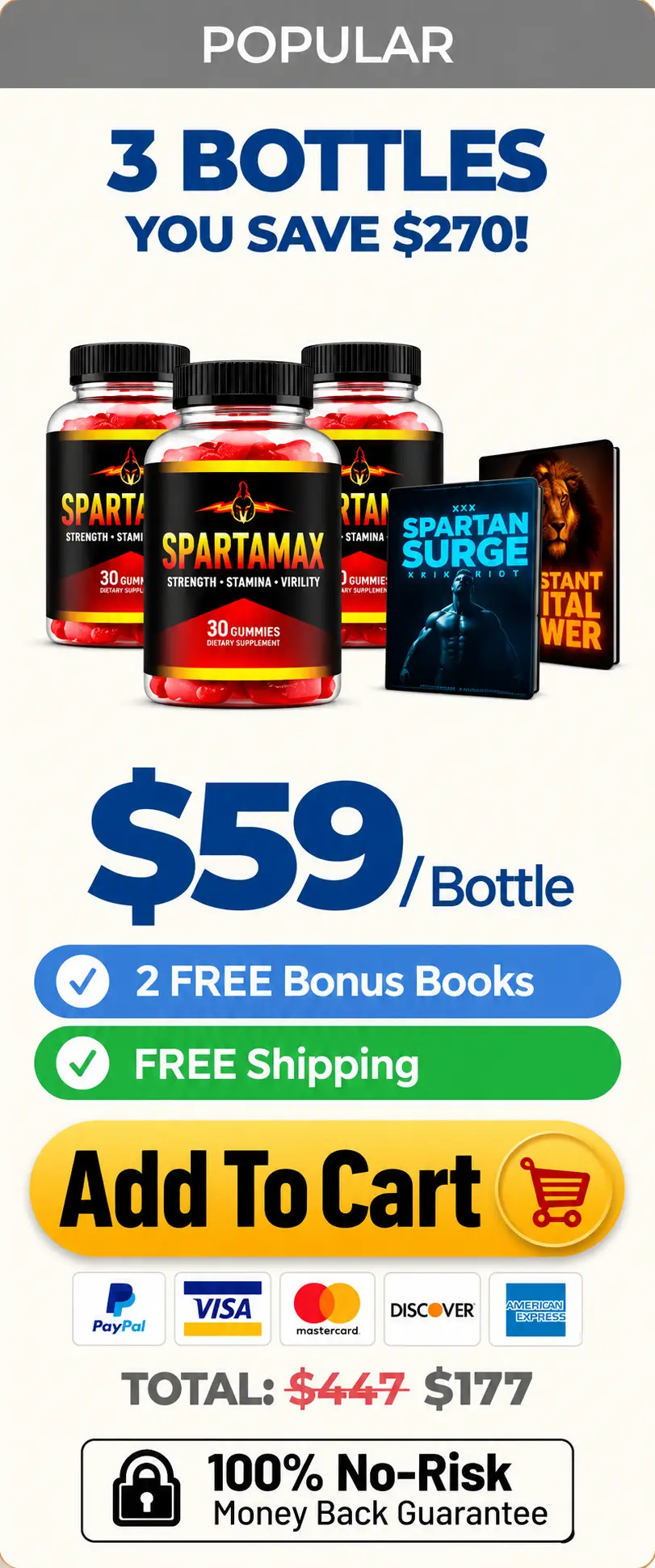 Spartamax Popular 3 bottles package at $59 per bottle with 2 free bonus books and free shipping